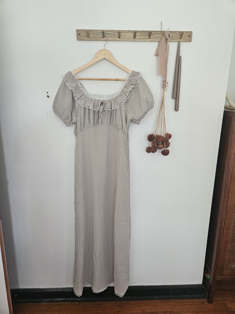 bohme Beige Gingham Maxi Dress with Ruffle Neckline